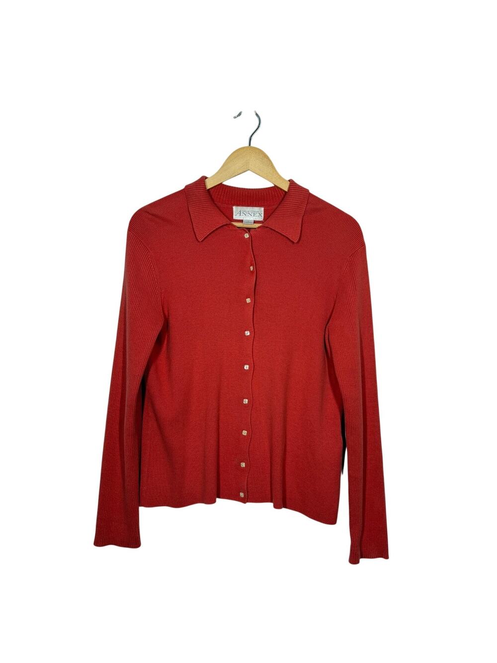 Casual Corner Annex Cardigan Sweater Size Medium Rust Red Collared Knit Preppy
